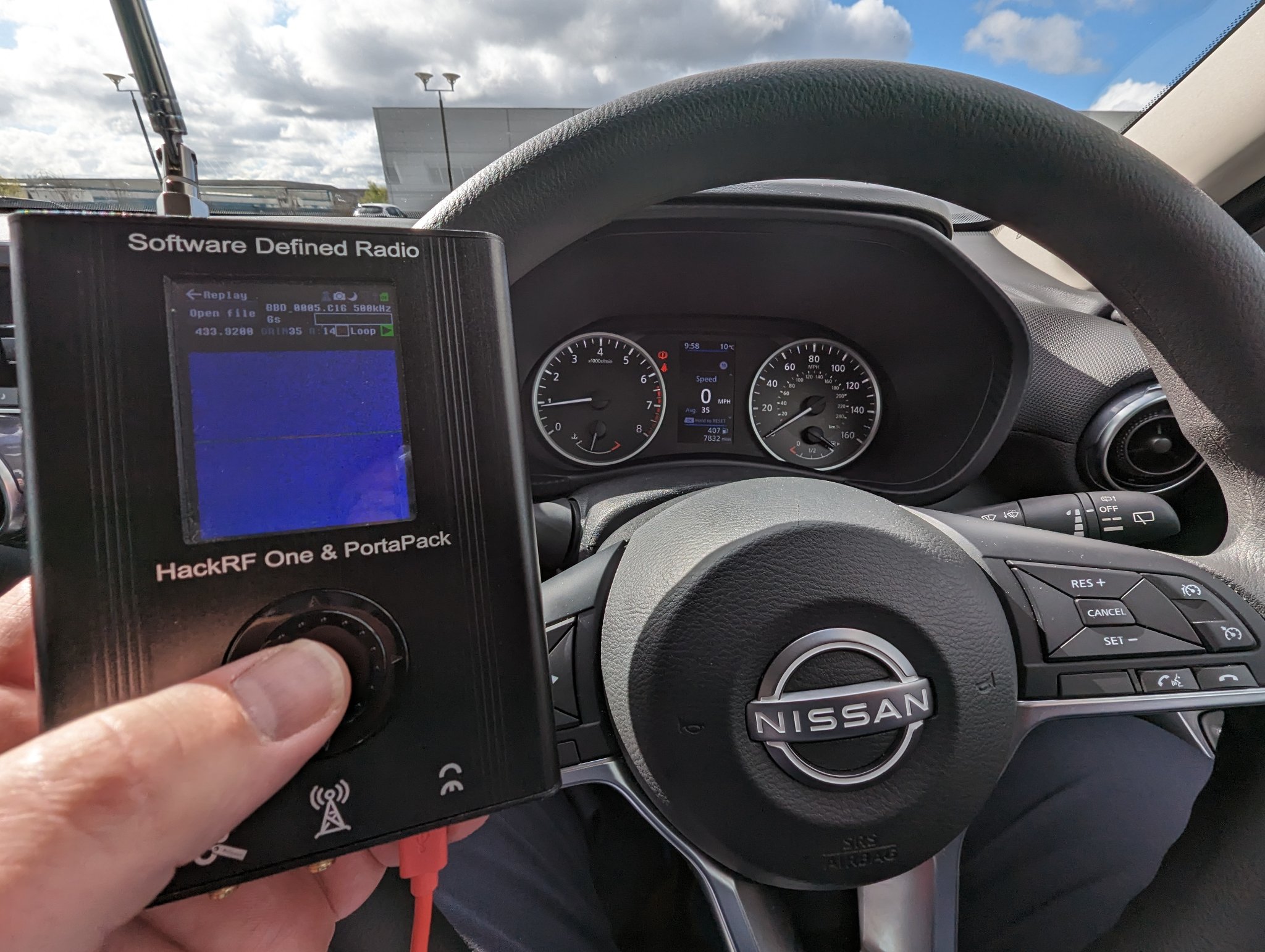 Software Defined Radio HackRF One used to test JamFinder detection at 433.92MHz in a Nissan